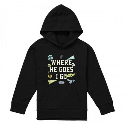 Front - Star Wars The Mandalorian Childrens/Kids Where He Goes Badges Grogu Heather Hoodie