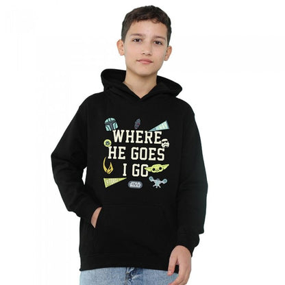 Front - Star Wars The Mandalorian Childrens/Kids Where He Goes Badges Grogu Hoodie
