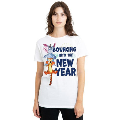 Front - Winnie the Pooh Womens/Ladies Bouncing Into The New Year T-Shirt
