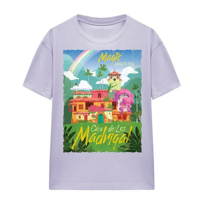 Front - Encanto Womens/Ladies Magic Awaits You...Casa De Los Madrigal Poster T-Shirt