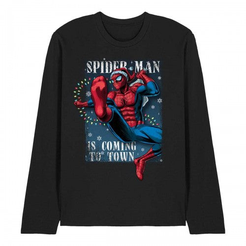 Front - Spider-Man Unisex Adult Is Coming To Town Long-Sleeved Christmas T-Shirt
