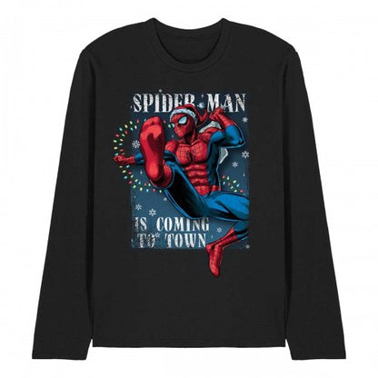 Front - Spider-Man Unisex Adult Is Coming To Town Long-Sleeved Christmas T-Shirt