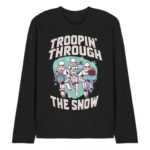 Front - Star Wars Unisex Adult Troopin´ Through The Snow Retro Long-Sleeved Christmas T-Shirt