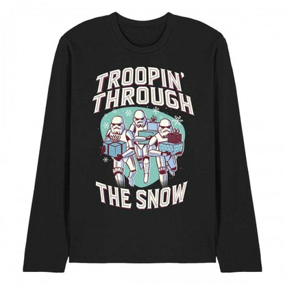 Front - Star Wars Unisex Adult Troopin´ Through The Snow Retro Long-Sleeved Christmas T-Shirt