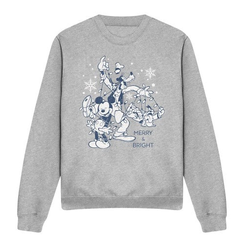 Front - Disney Unisex Adult Merry, Bright And Tied Up In Lights Mickey Mouse Heather Sweatshirt