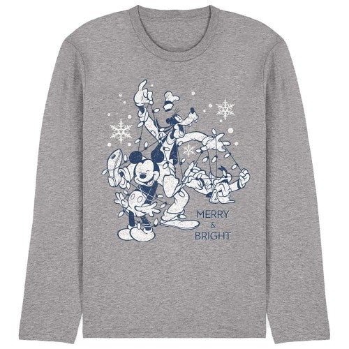 Front - Disney Unisex Adult Merry, Bright And Tied Up In Lights Mickey Mouse Heather Long-Sleeved T-Shirt