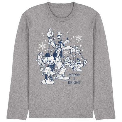Front - Disney Unisex Adult Merry, Bright And Tied Up In Lights Mickey Mouse Heather Long-Sleeved T-Shirt