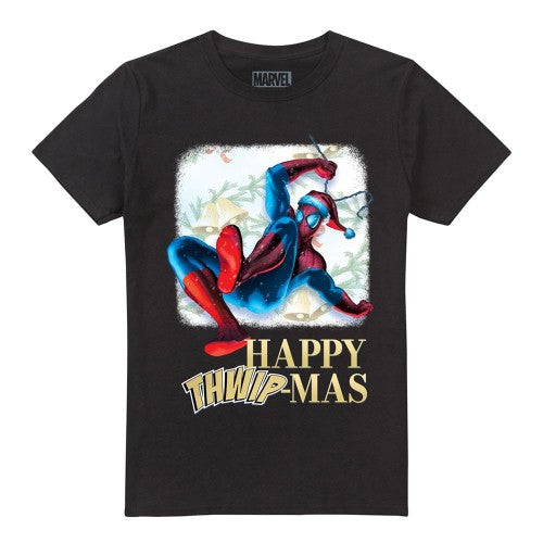 Front - Spider-Man Unisex Adult Happy Thwipmas Christmas Window T-Shirt