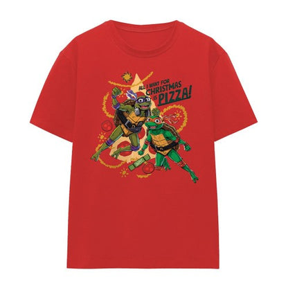 Front - Teenage Mutant Ninja Turtles: Mutant Mayhem Womens/Ladies Michelangelo & Donatello Pizza Christmas T-Shirt