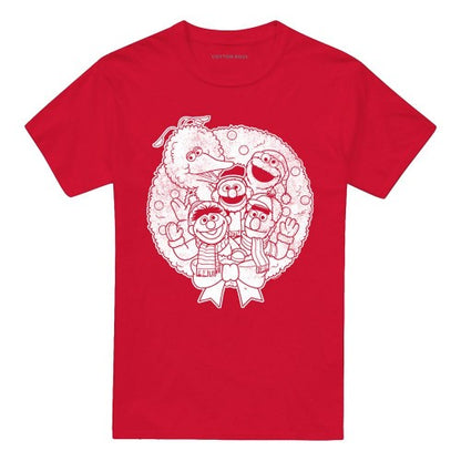 Front - Sesame Street Unisex Adult Vintage Wreath Christmas T-Shirt