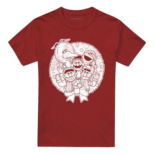 Front - Sesame Street Unisex Adult Vintage Wreath Christmas T-Shirt