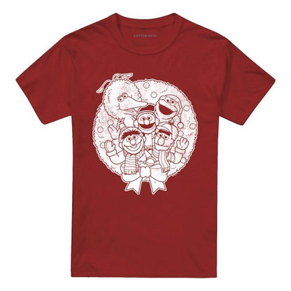 Front - Sesame Street Unisex Adult Vintage Wreath Christmas T-Shirt