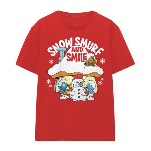 Front - The Smurfs Womens/Ladies Snow Smurf And Smile Christmas T-Shirt