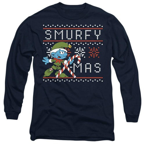 Front - The Smurfs Unisex Adult Smurfy Christmas Candy Cane Long-Sleeved T-Shirt