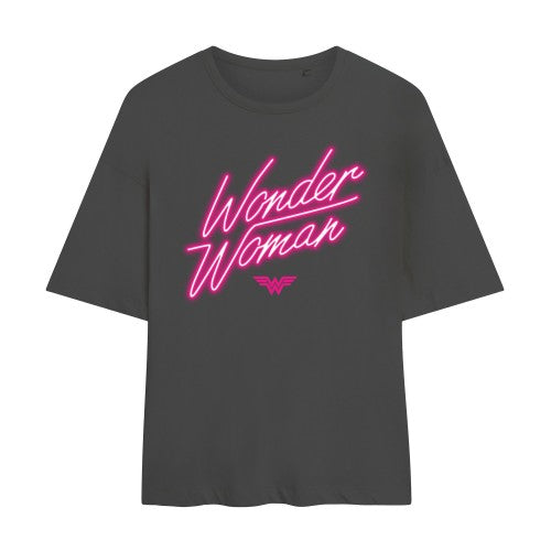 Dark Charcoal - Front - Wonder Woman Womens-Ladies Neon Logo T-Shirt