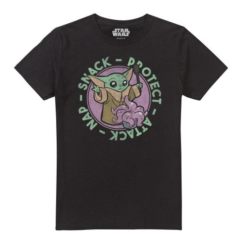 Front - Star Wars Mandalorian Mens Protect - Attack - Nap - Snack Grogu T-Shirt