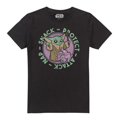 Front - Star Wars Mandalorian Mens Protect - Attack - Nap - Snack Grogu T-Shirt