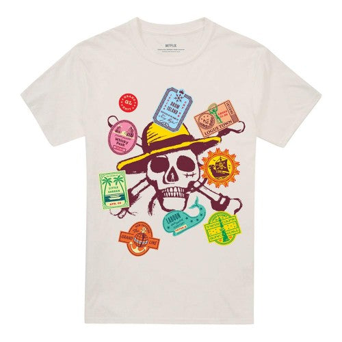 Front - One Piece Unisex Adult Travel Stickers Skull T-Shirt