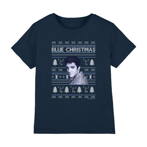 Front - Elvis Presley Childrens/Kids Blue Ugly Christmas Fair Isle T-Shirt