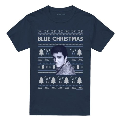 Front - Elvis Presley Unisex Adult Blue Ugly Christmas Fair Isle T-Shirt