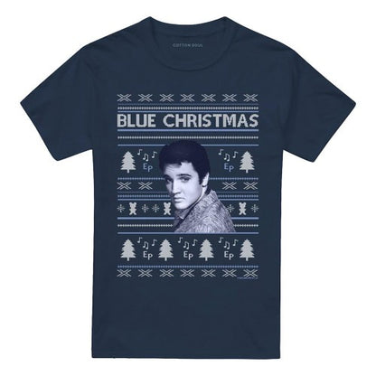 Front - Elvis Presley Unisex Adult Blue Ugly Christmas Fair Isle T-Shirt