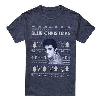 Front - Elvis Presley Unisex Adult Blue Ugly Christmas Fair Isle T-Shirt