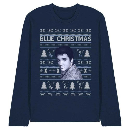 Front - Elvis Presley Unisex Adult Blue Ugly Christmas Fair Isle Long-Sleeved T-Shirt