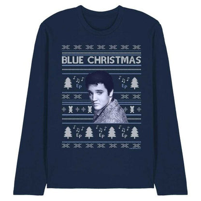 Front - Elvis Presley Unisex Adult Blue Ugly Christmas Fair Isle Long-Sleeved T-Shirt
