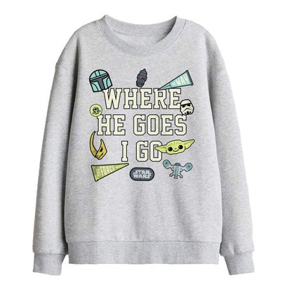 Front - Star Wars: The Mandalorian Childrens/Kids Where He Goes Grogu Badge Sweatshirt