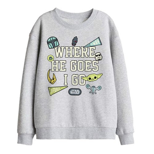 Athletic Heather - Front - Star Wars: The Mandalorian Childrens-Kids Where He Goes Grogu Badge Sweatshirt