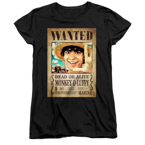 Front - One Piece Womens/Ladies Luffy Wanted Poster Fitted T-Shirt