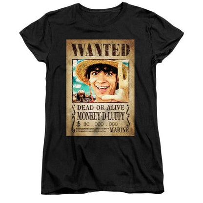 Front - One Piece Womens/Ladies Luffy Wanted Poster Fitted T-Shirt
