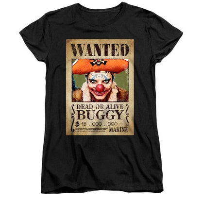 Front - One Piece Womens/Ladies Buggy the Clown Wanted Poster Ringspun Cotton Fitted Short-Sleeved T-Shirt