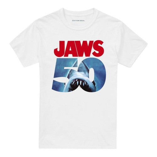 Front - Jaws Unisex Adult Poster Ringspun Cotton Logo 50th T-Shirt