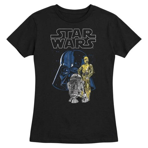Front - Star Wars Womens/Ladies Vader And Droids Ringspun Cotton Fitted T-Shirt