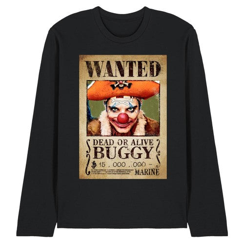Front - One Piece Unisex Adult Buggy the Clown Wanted Poster Long-Sleeved T-Shirt