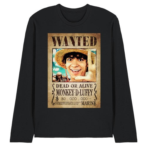 Front - One Piece Unisex Adult Luffy Wanted Poster Long-Sleeved T-Shirt