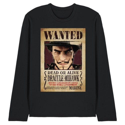 Front - One Piece Unisex Adult Dracule Mihawk Wanted Poster Long-Sleeved T-Shirt