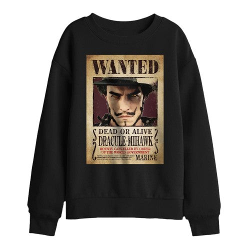 Front - One Piece Childrens/Kids Pirate Dracule Mihawk Wanted Poster Sweatshirt
