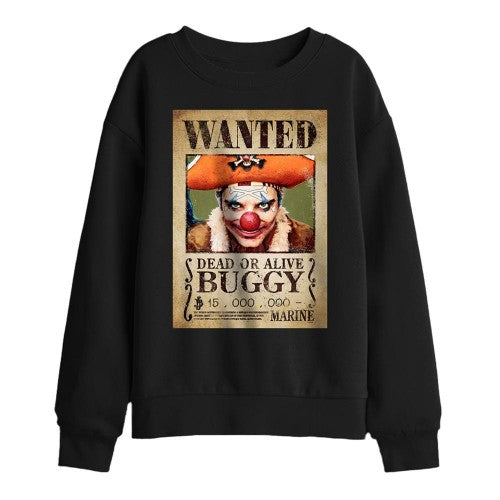 Front - One Piece Childrens/Kids Buggy the Clown Wanted Poster Sweatshirt