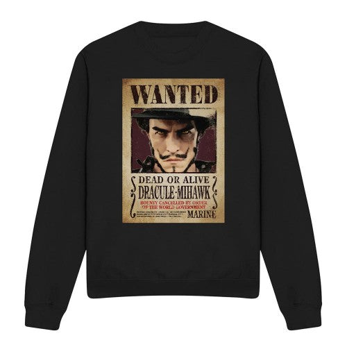 Front - One Piece Unisex Adult Dracule Mihawk Wanted Poster Long-Sleeved Sweatshirt