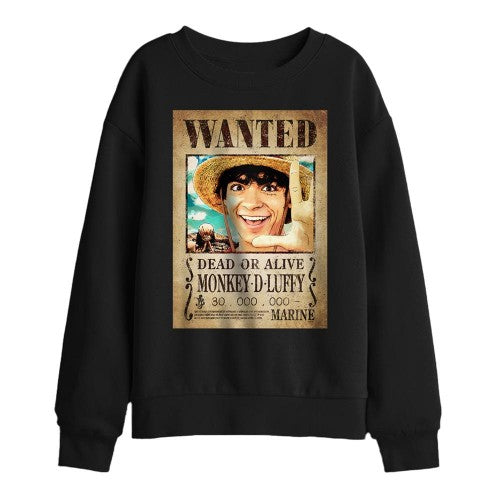 Front - One Piece Childrens/Kids Luffy Wanted Poster Sweatshirt
