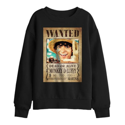 Front - One Piece Childrens/Kids Luffy Wanted Poster Sweatshirt