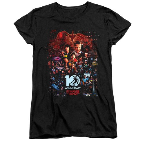 Front - Stranger Things Womens/Ladies Poster Fitted 10th Anniversary T-Shirt