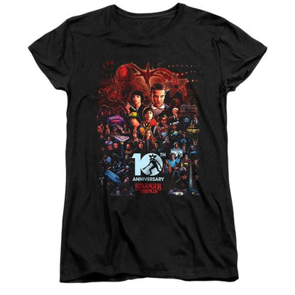 Front - Stranger Things Womens/Ladies Poster Fitted 10th Anniversary T-Shirt