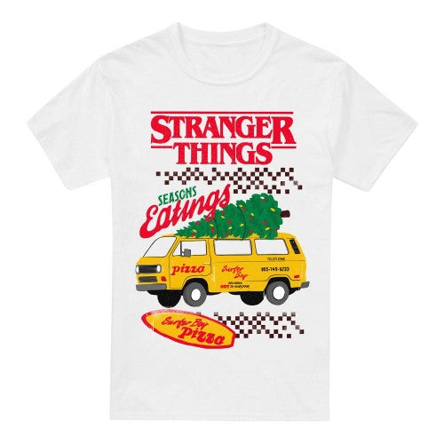 Front - Stranger Things Mens Seasons Eatings Pizza Van T-Shirt