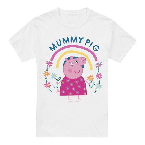 Front - Peppa Pig Mens Mummy Pig Floral Rainbow T-Shirt