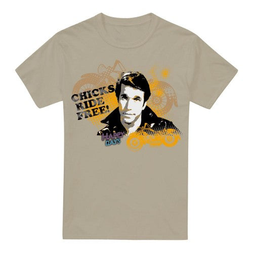 Front - Happy Days Mens Chicks Ride Free T-Shirt