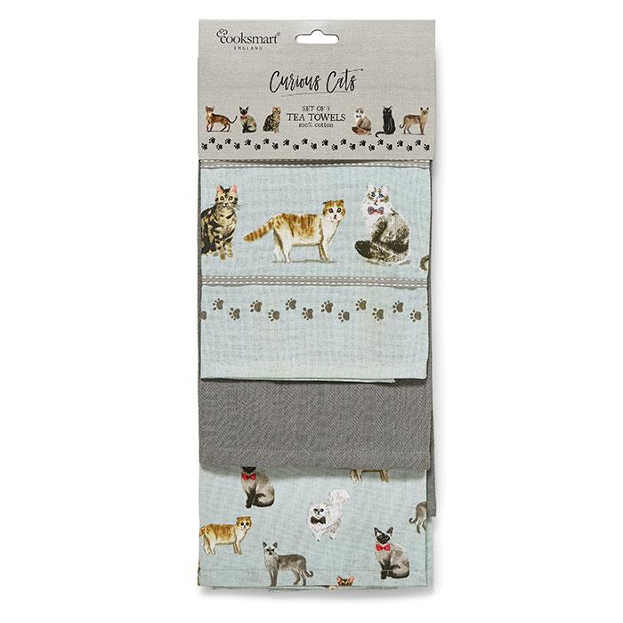 Front - Cooksmart Curious Cats Tea Towel 3pk