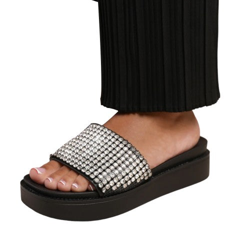 Front - Where´s That From Womens/Ladies Marvel Diamante PU Platform Low Wedge Sliders
